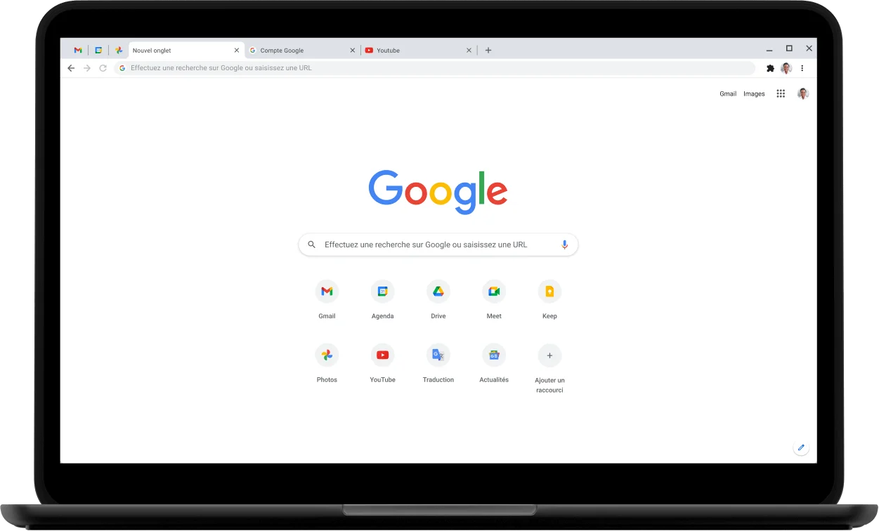 Coin supérieur gauche d'un ordinateur Pixelbook Go dont l'écran affiche la page google.com.