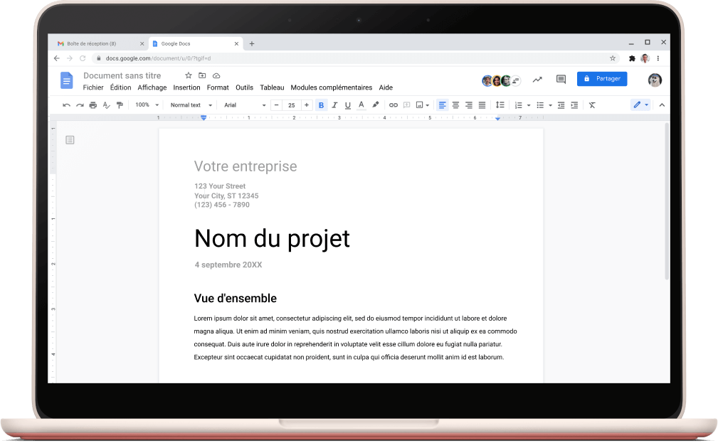 Écran Google Docs montrant un modèle de projet ouvert.